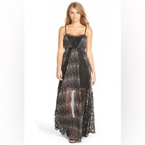 Elegant Black Lace and Dainty Beige/Blue/Plum Aztec Print Maxi Dress